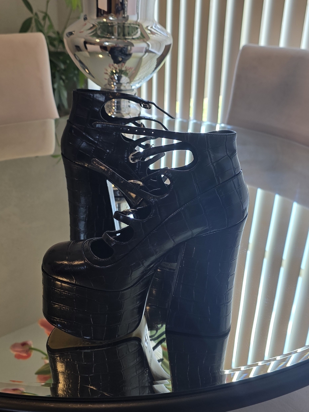 Marc Jacobs Black Croc-Embossed Platform Lace-Up Booties